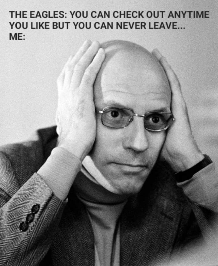 This meme is a humorous take on the Eagles' song "Hotel California" and its infamous line "You can check out any time you like, but you can never leave." The meme features a photo of a person with a shocked expression, with the caption "You can check out any time you like, but you can never leave... ME" implying that the person is stuck in a situation from which they cannot escape. The meme is likely meant to be humorous and relatable, poking fun at the idea that sometimes we feel trapped in situations that we can't escape.